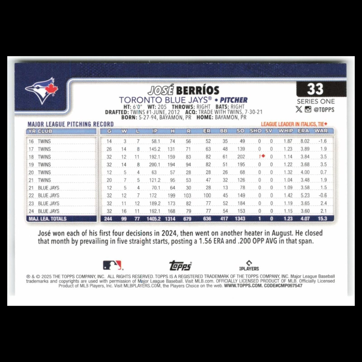 Jose Berrios #33 2025 Topps Toronto Blue Jays Baseball Card MLB NM