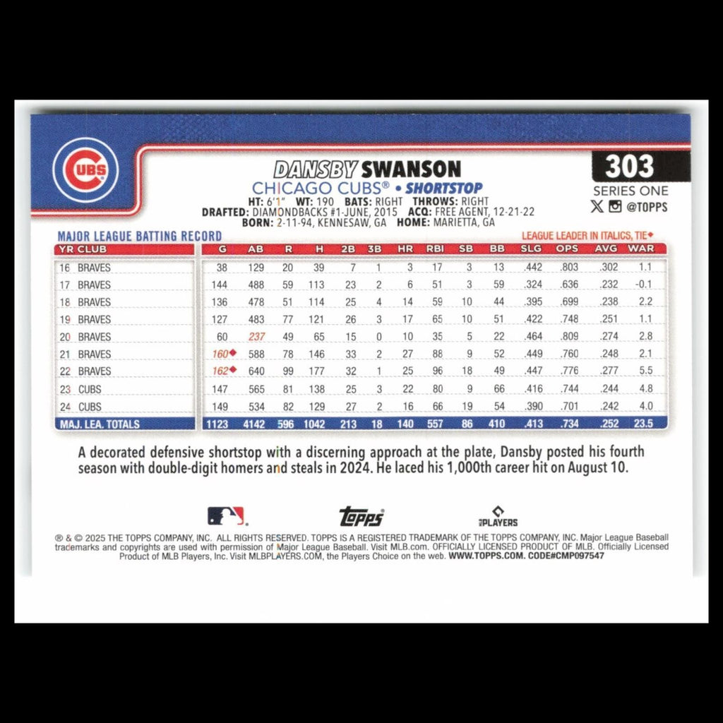Dansby Swanson #303 2025 Topps Chicago Cubs Baseball Card MLB NM