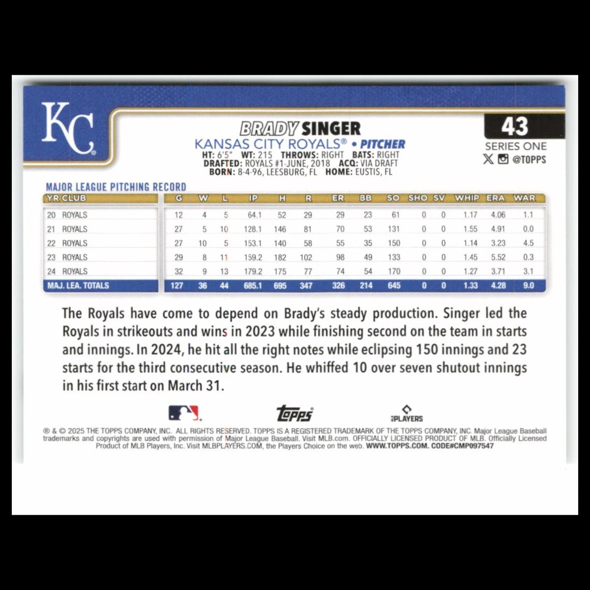 Brady Singer #43 2025 Topps Kansas City Royals Baseball Card MLB NM