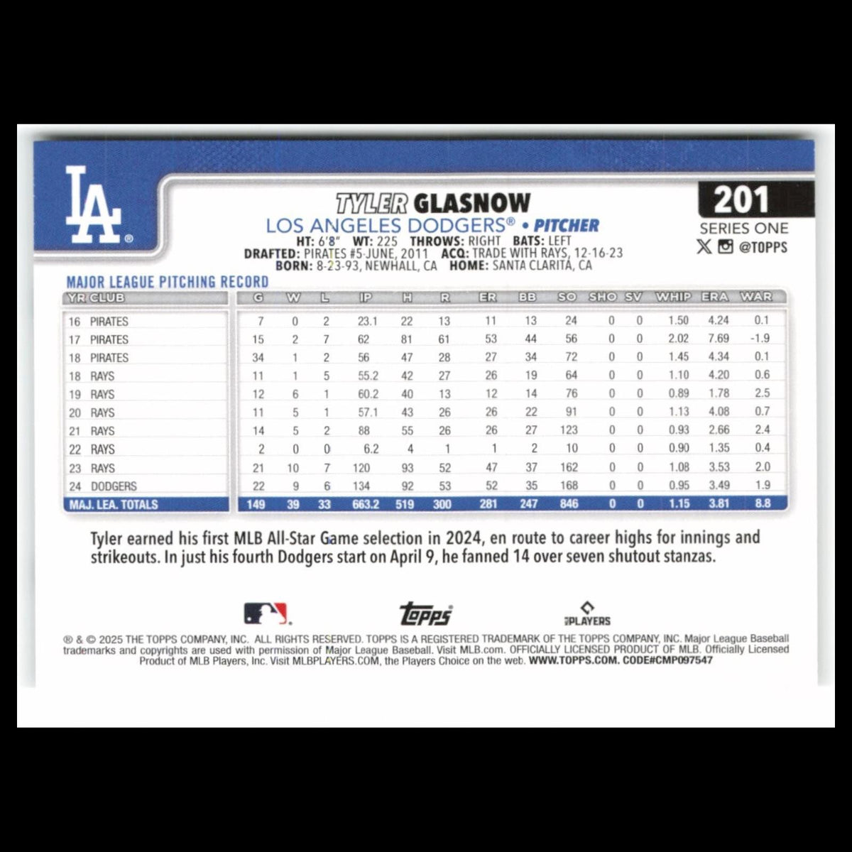 Tyler Glasnow #201 2025 Topps Los Angeles Dodgers Baseball Card MLB NM