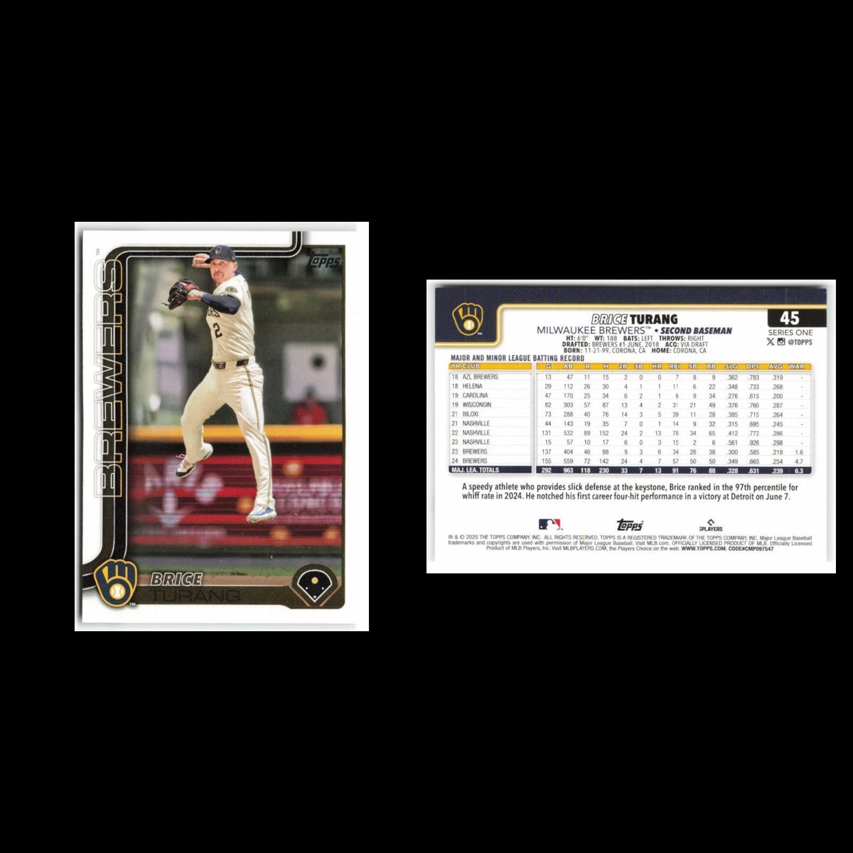 Brice Turang #45 2025 Topps Milwaukee Brewers Baseball Card MLB NM