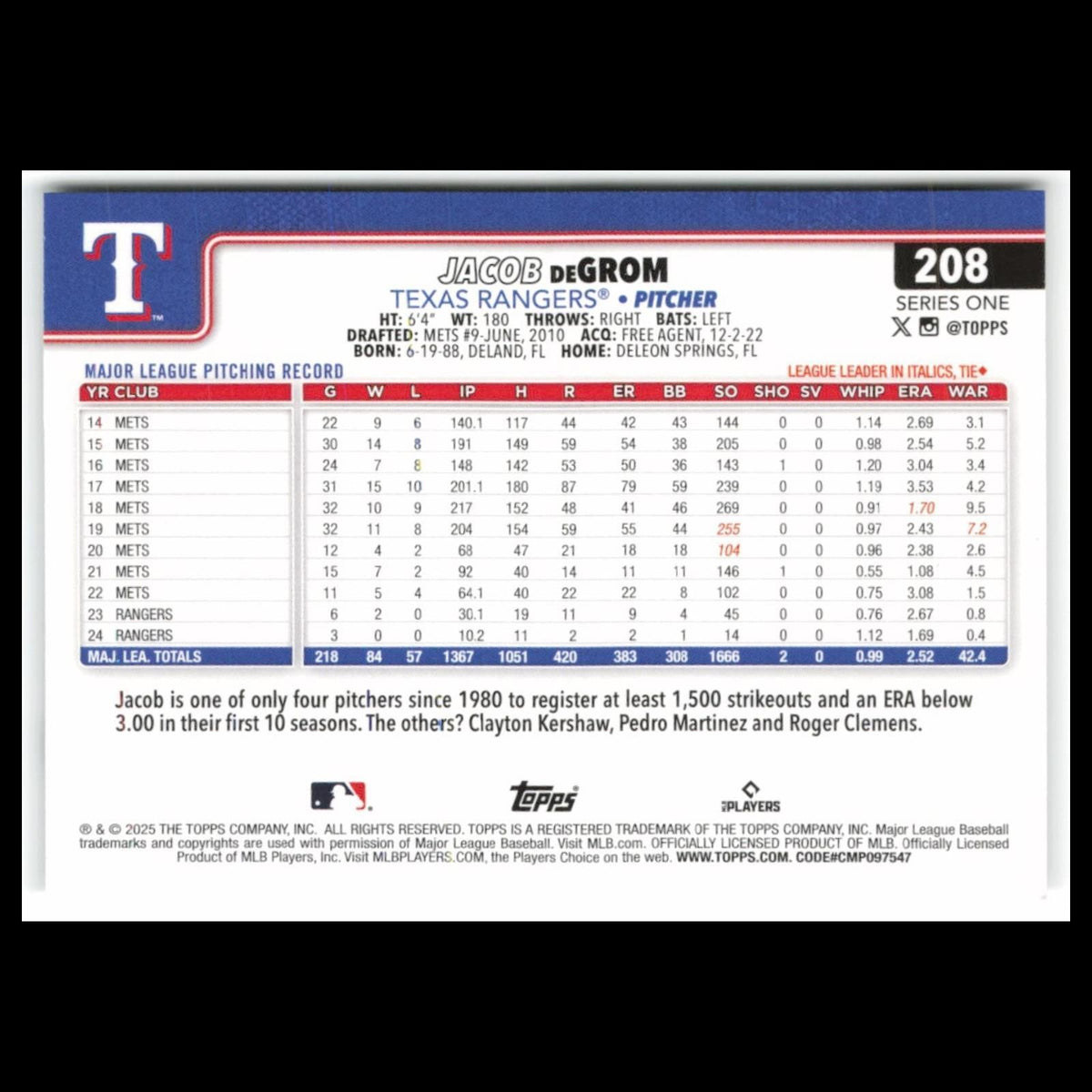 Jacob deGrom #208 2025 Topps Texas Rangers Baseball Card MLB NM