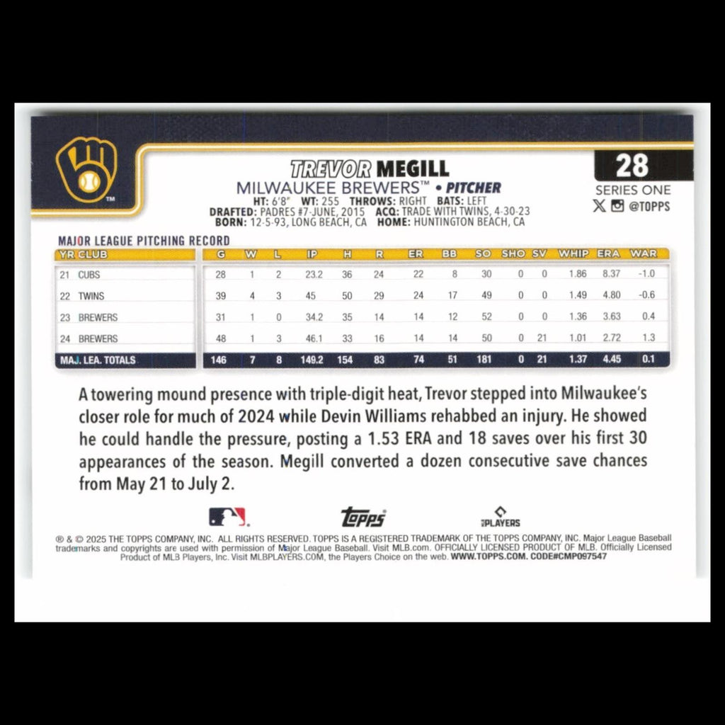 Trevor Megill #28 2025 Topps Milwaukee Brewers Baseball Card MLB NM