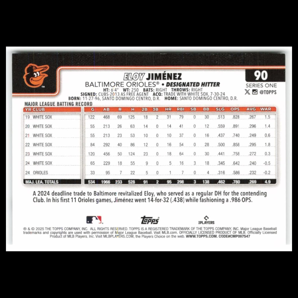 Eloy Jimenez #90 2025 Topps Baltimore Orioles Baseball Card MLB NM