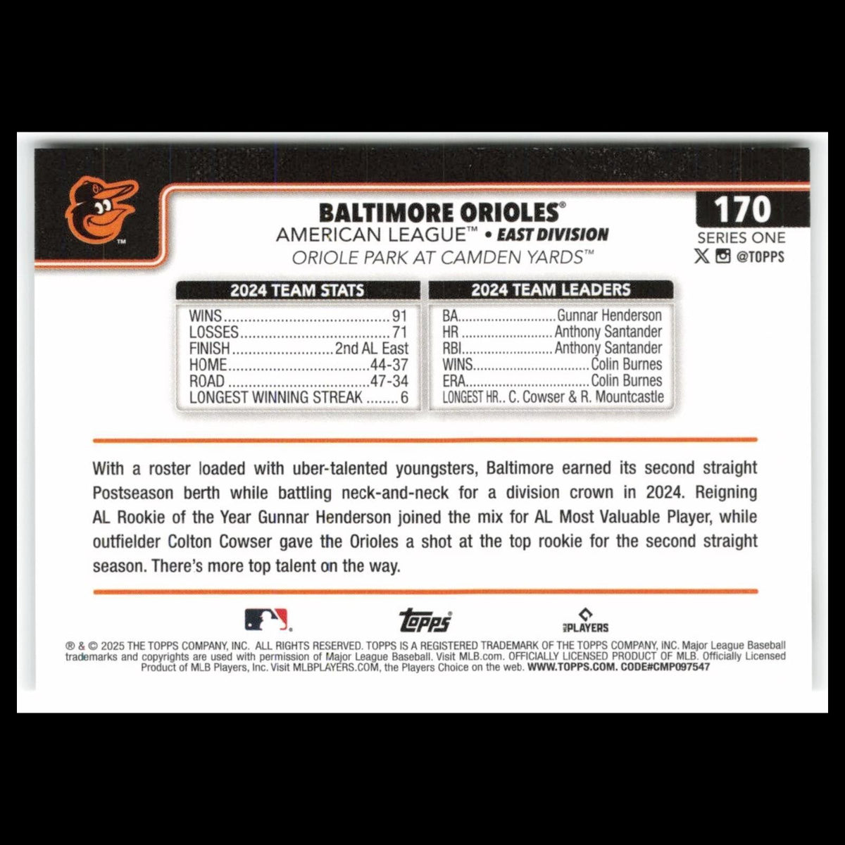 Baltimore Orioles #170 2025 Topps Baltimore Orioles Baseball Card MLB NM