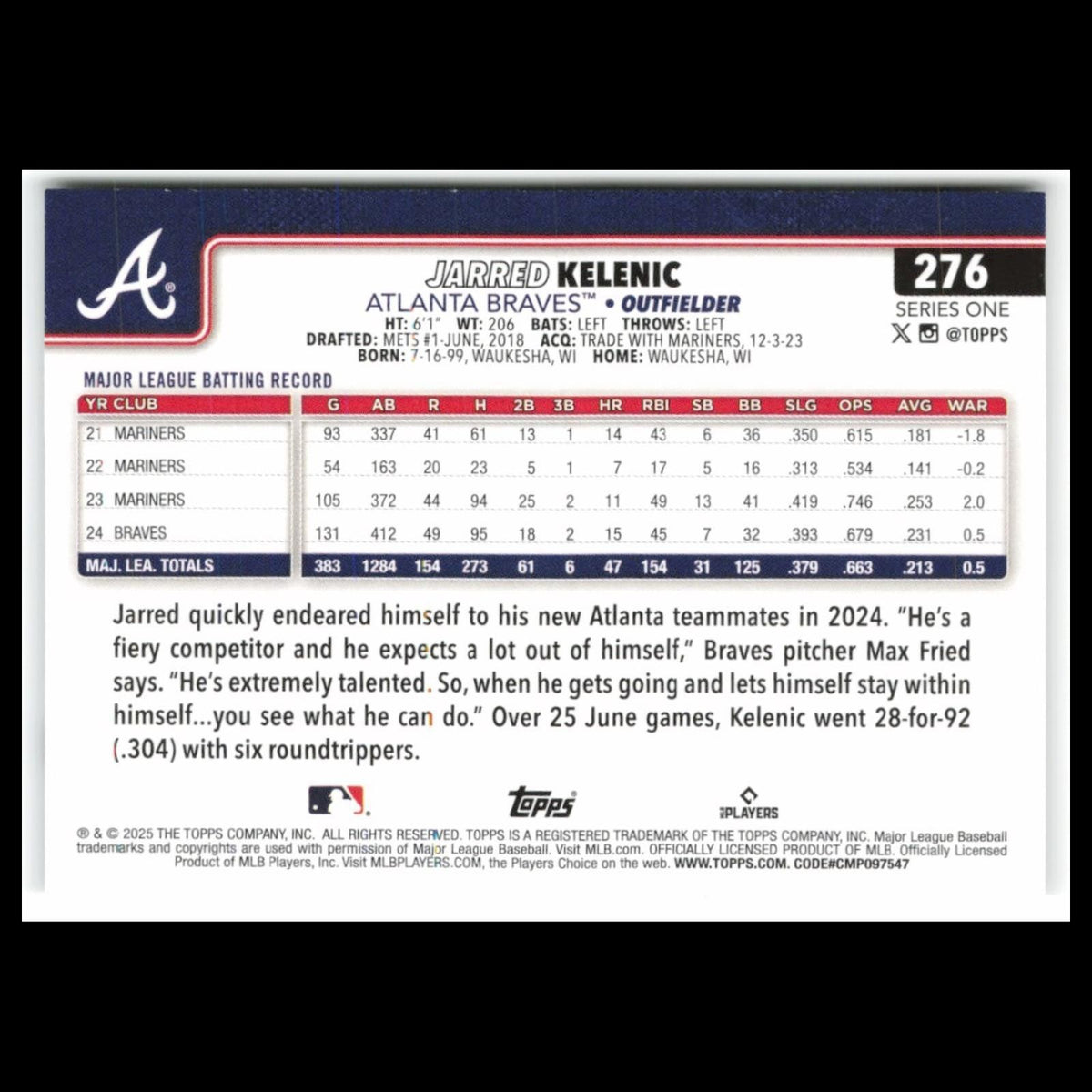 Jarred Kelenic #276 2025 Topps Atlanta Braves Baseball Card MLB NM