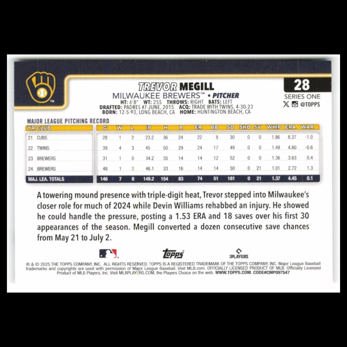 Trevor Megill #28 2025 Topps Milwaukee Brewers Baseball Card MLB NM