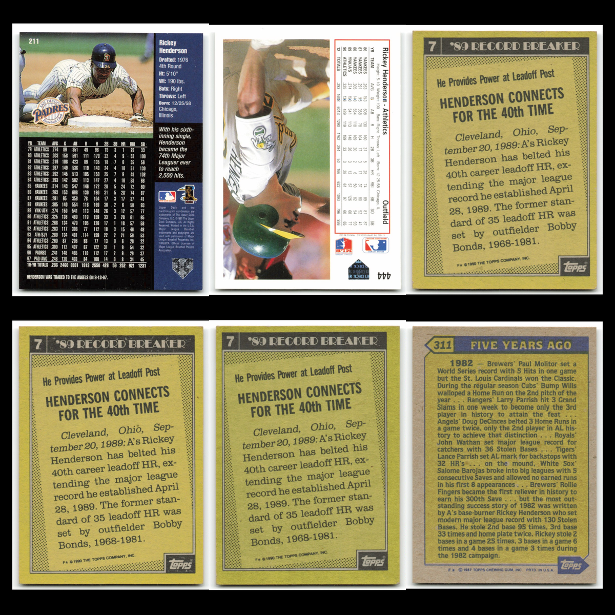 Rickey Henderson Lot 6 Baseball Cards 1998 Upper Deck San Diego Padres Set MLB