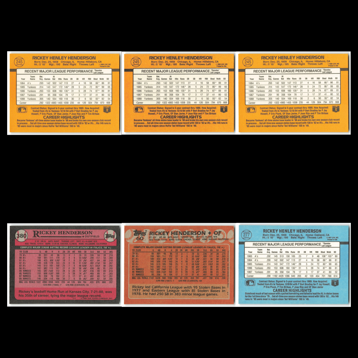 Rickey Henderson Lot 6 Baseball Cards 1989 Donruss New York Yankees Set MLB NM