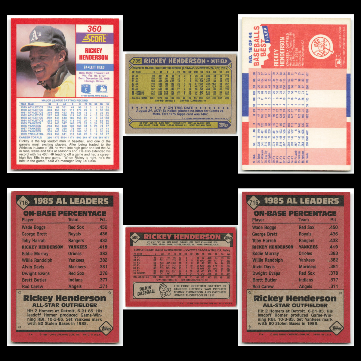 Rickey Henderson Lot 6 Baseball Cards 1990 Score Yankees Athletics Set MLB NM