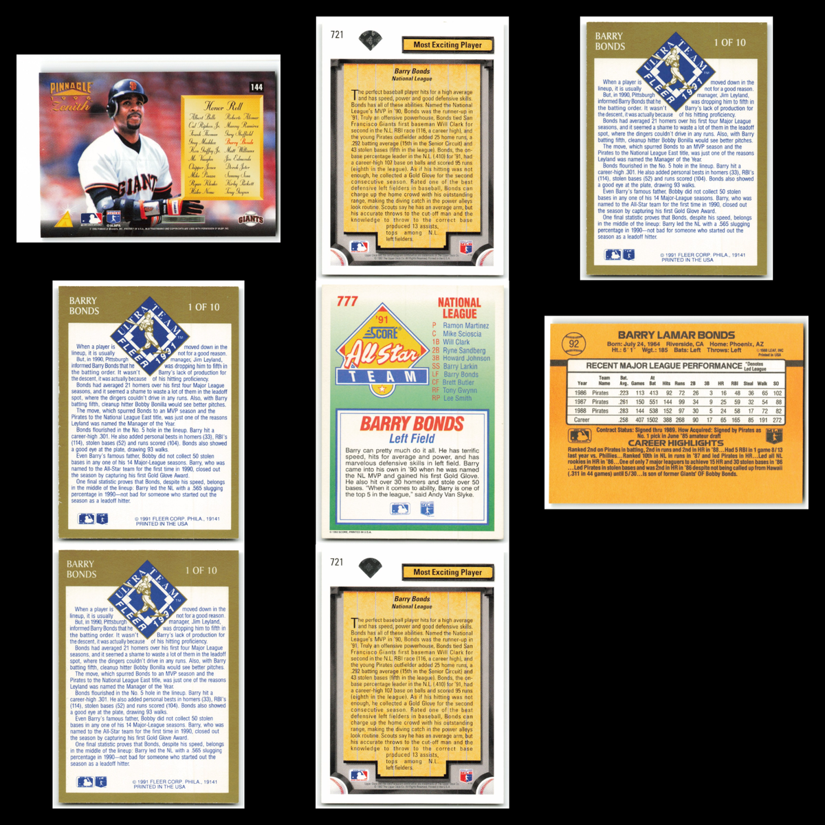 Barry Bonds Lot 8 Baseball Cards 1996 Pinnacle Donruss Zenith Giants Set MLB NM