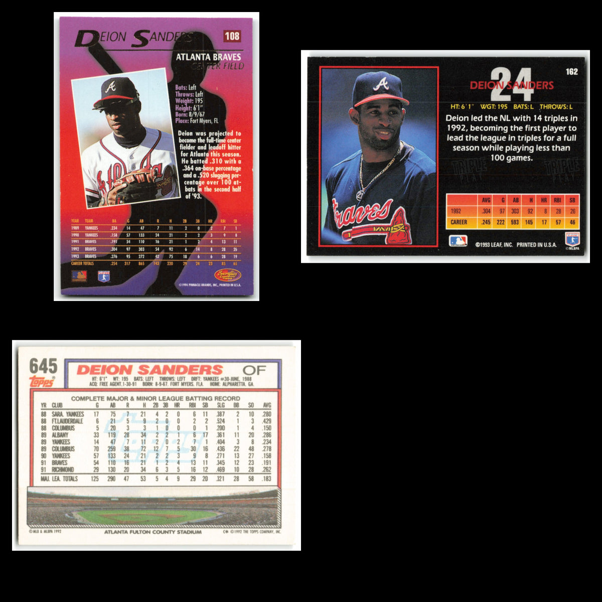 Deion Sanders Lot 3 Baseball Cards 1994 Sportflics 2000 Atlanta Braves Set MLB