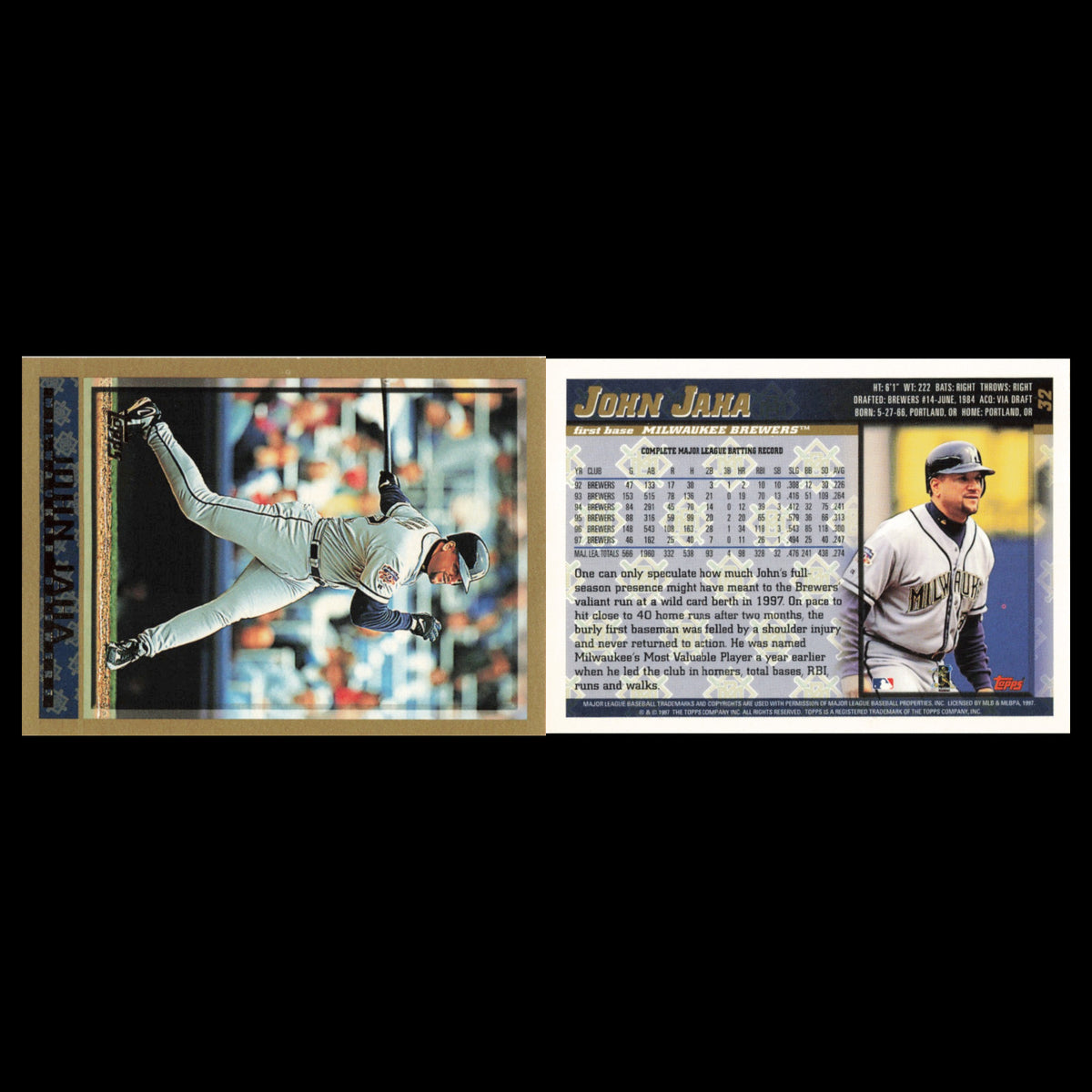 John Jaha #32 1998 Topps Milwaukee Brewers Baseball Card MLB NM