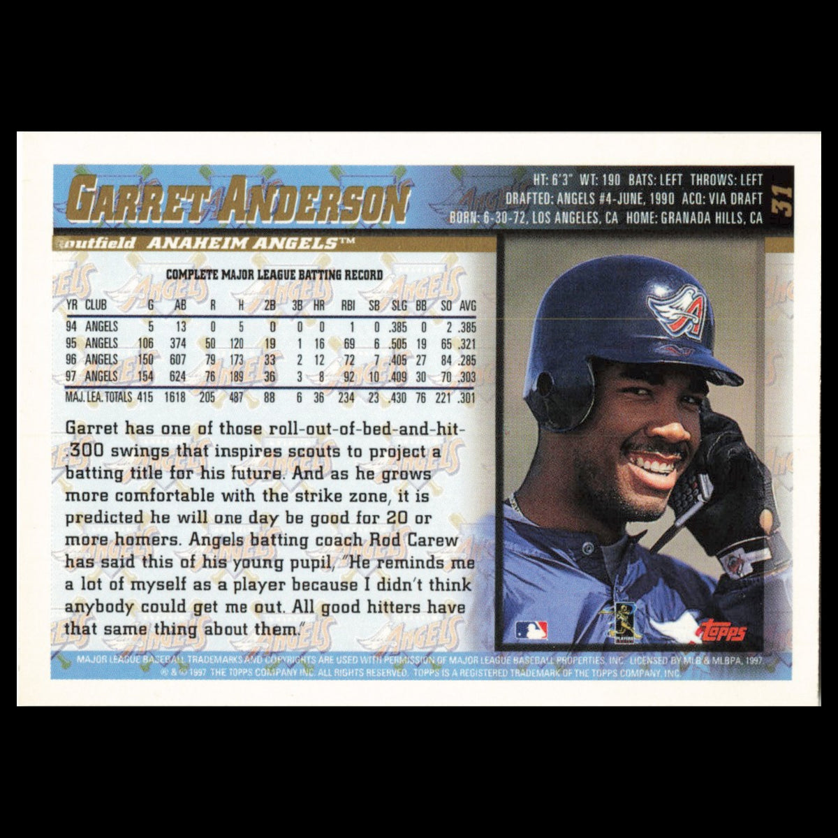 Garret Anderson #31 1998 Topps California Angels Baseball Card MLB NM