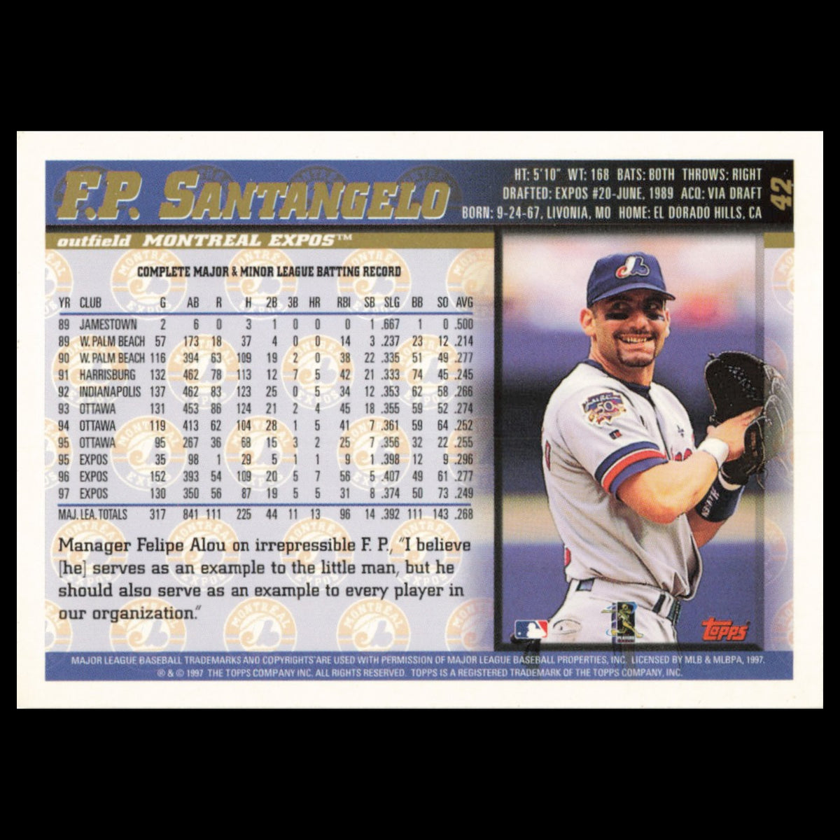 F.P. Santangelo #42 1998 Topps Montreal Expos Baseball Card MLB NM