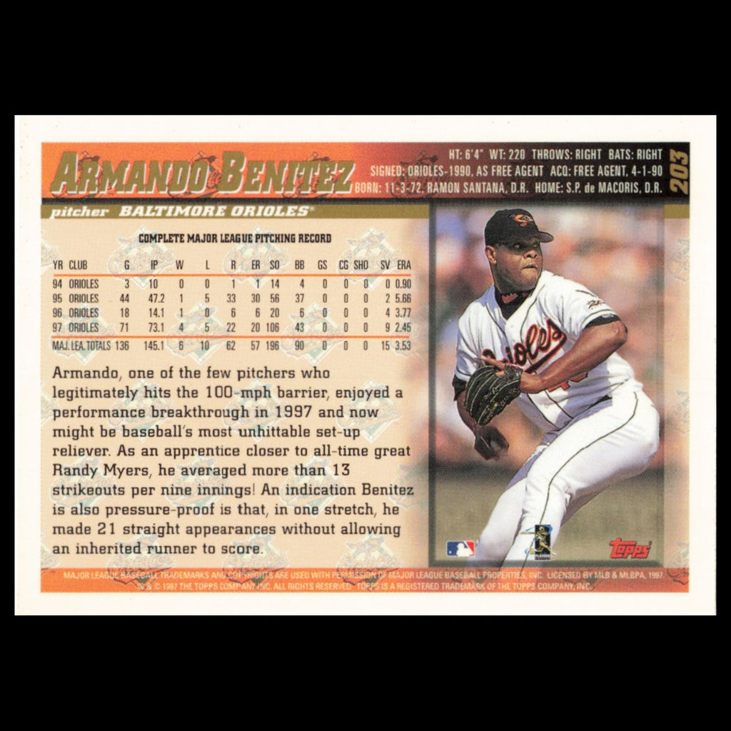 Armando Benitez #203 1998 Topps Baltimore Orioles Baseball Card MLB NM