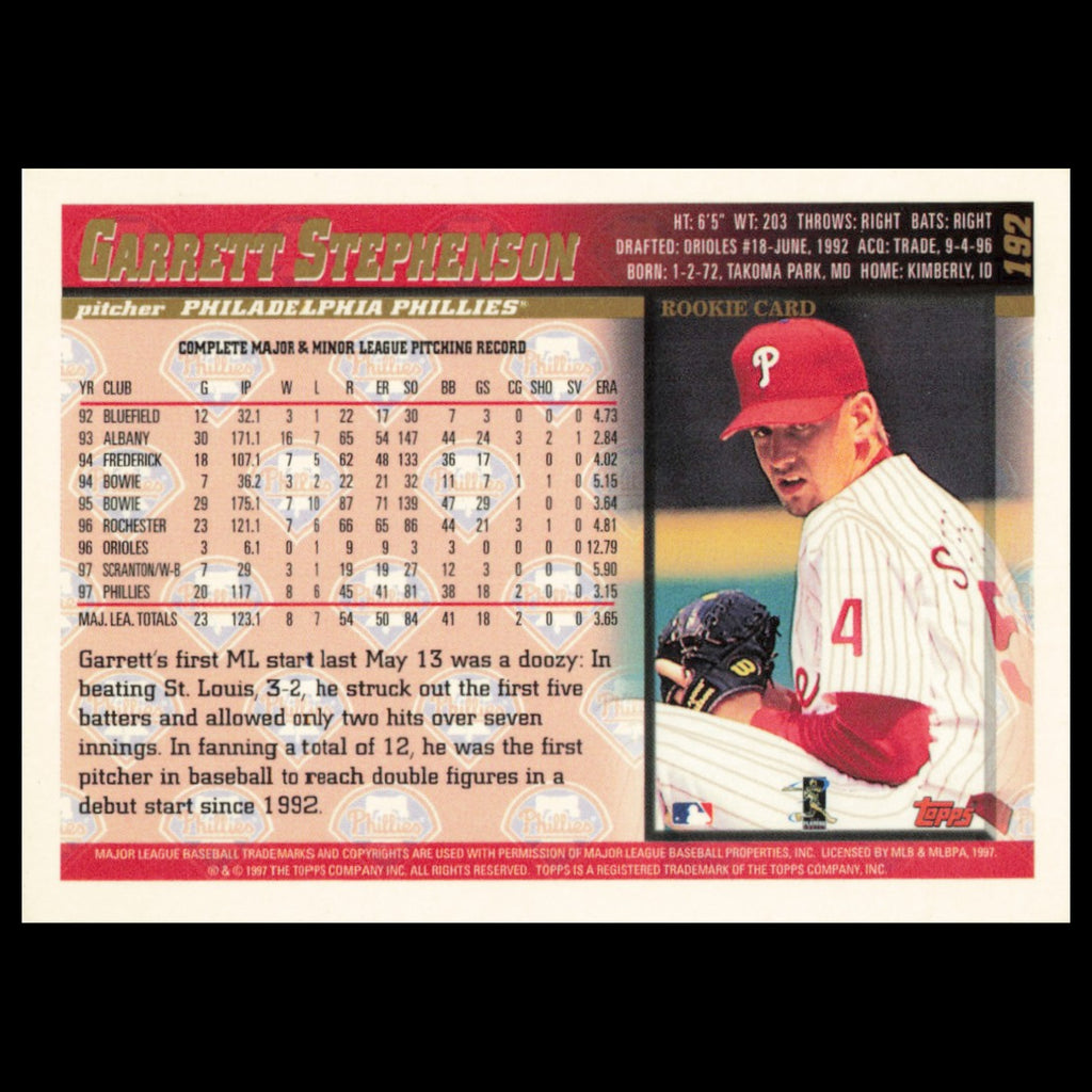 Garrett Stephenson #192 1998 Topps Philadelphia Phillies Baseball Card MLB NM