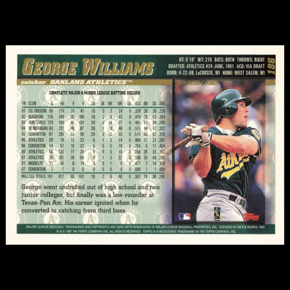 George Williams Rookie #186 1998 Topps Oakland Athletics Baseball Card MLB NM