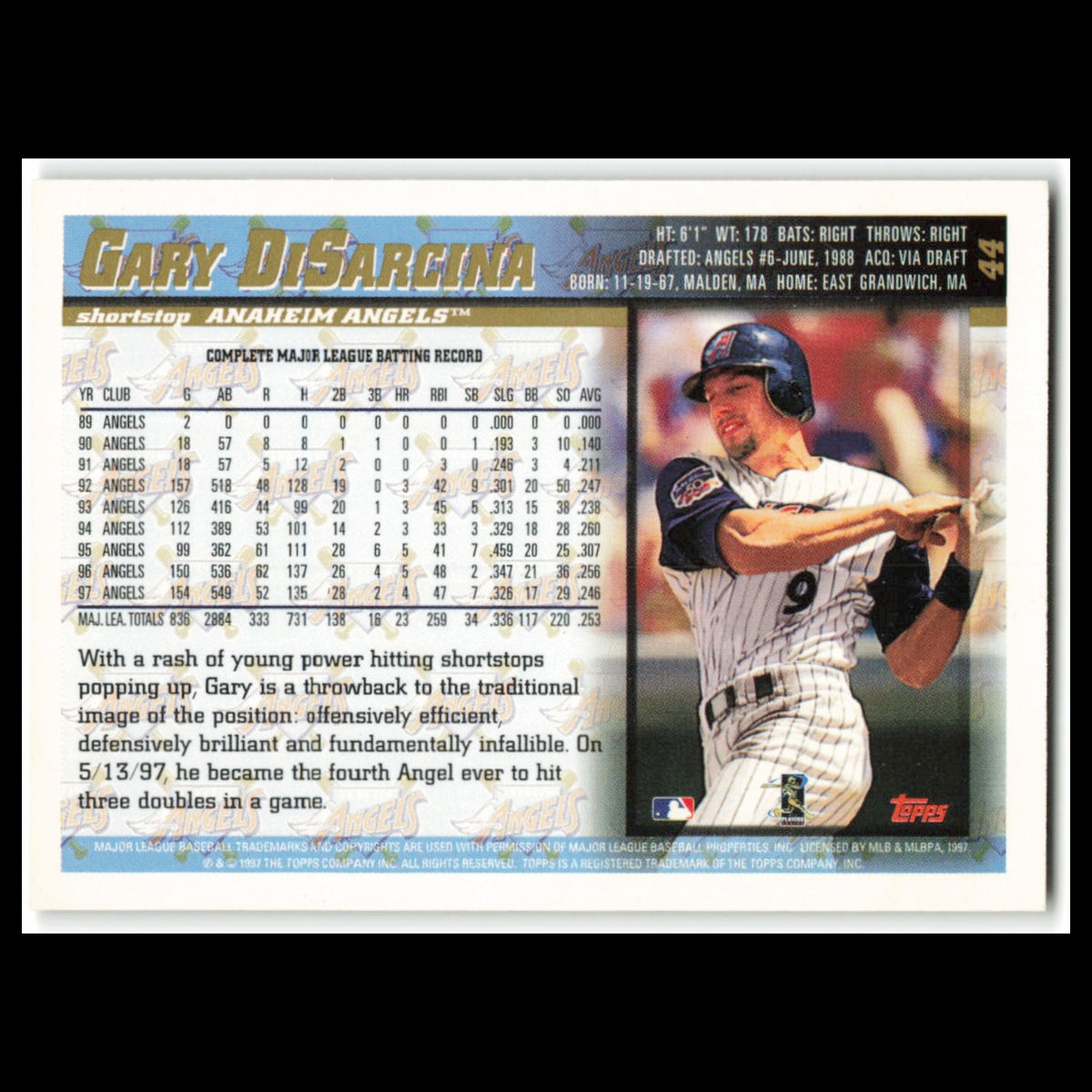 Gary DiSarcina #44 1998 Topps California Angels Baseball Card MLB NM
