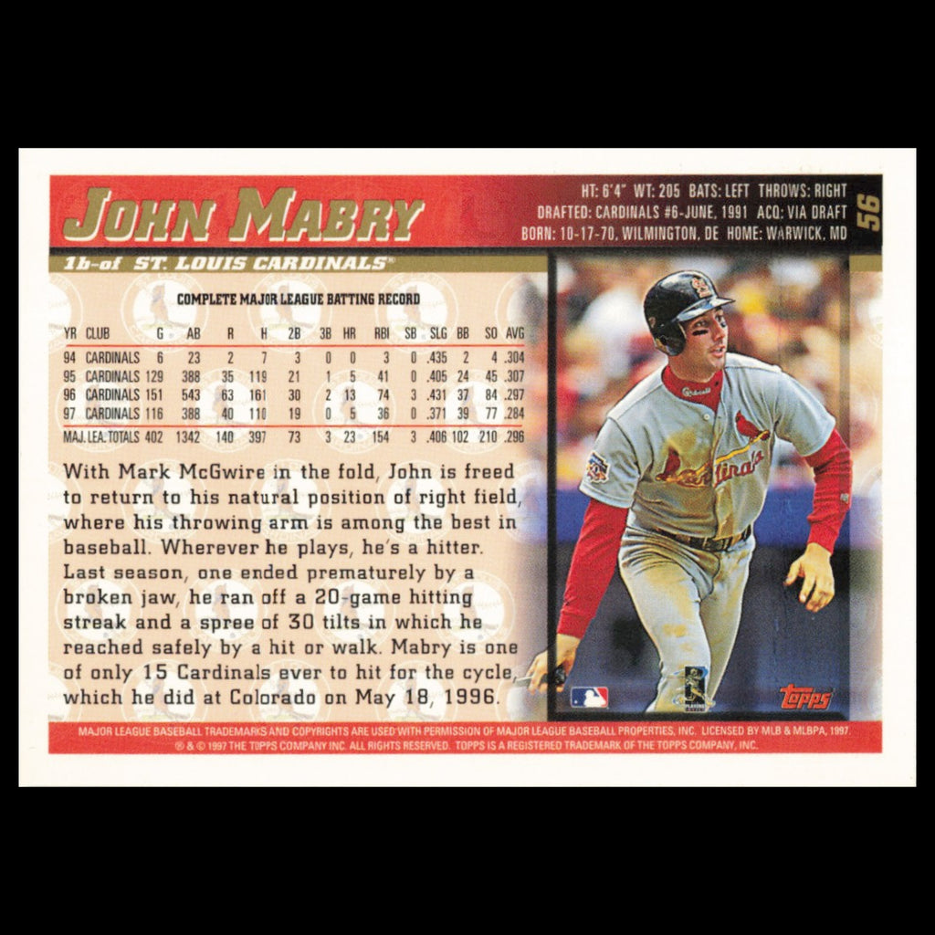 John Mabry #56 1998 Topps St. Louis Cardinals Baseball Card MLB NM