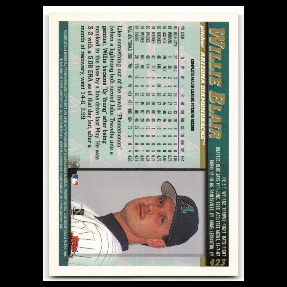 Willie Blair #423 1998 Topps Arizona Diamondbacks Baseball Card MLB NM