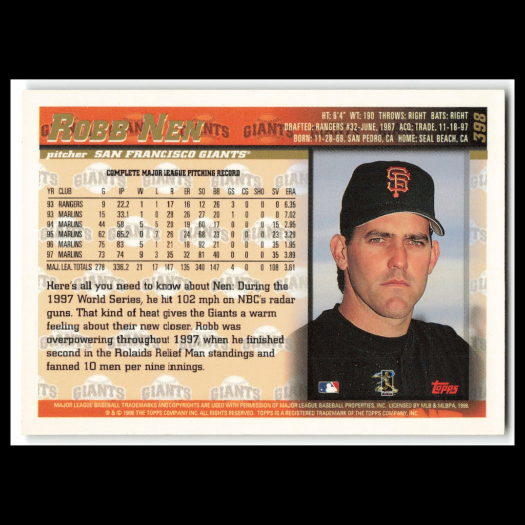 Robb Nen #398 1998 Topps San Francisco Giants Baseball Card MLB NM