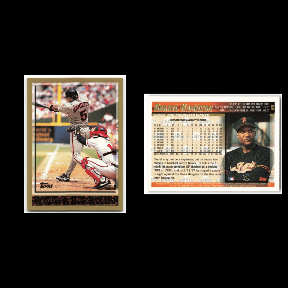 Darryl Hamilton #66 1998 Topps San Francisco Giants Baseball Card MLB NM