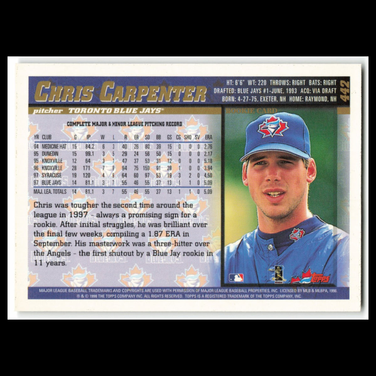 Chris Carpenter Rookie #442 1998 Topps Toronto Blue Jays Baseball Card MLB NM
