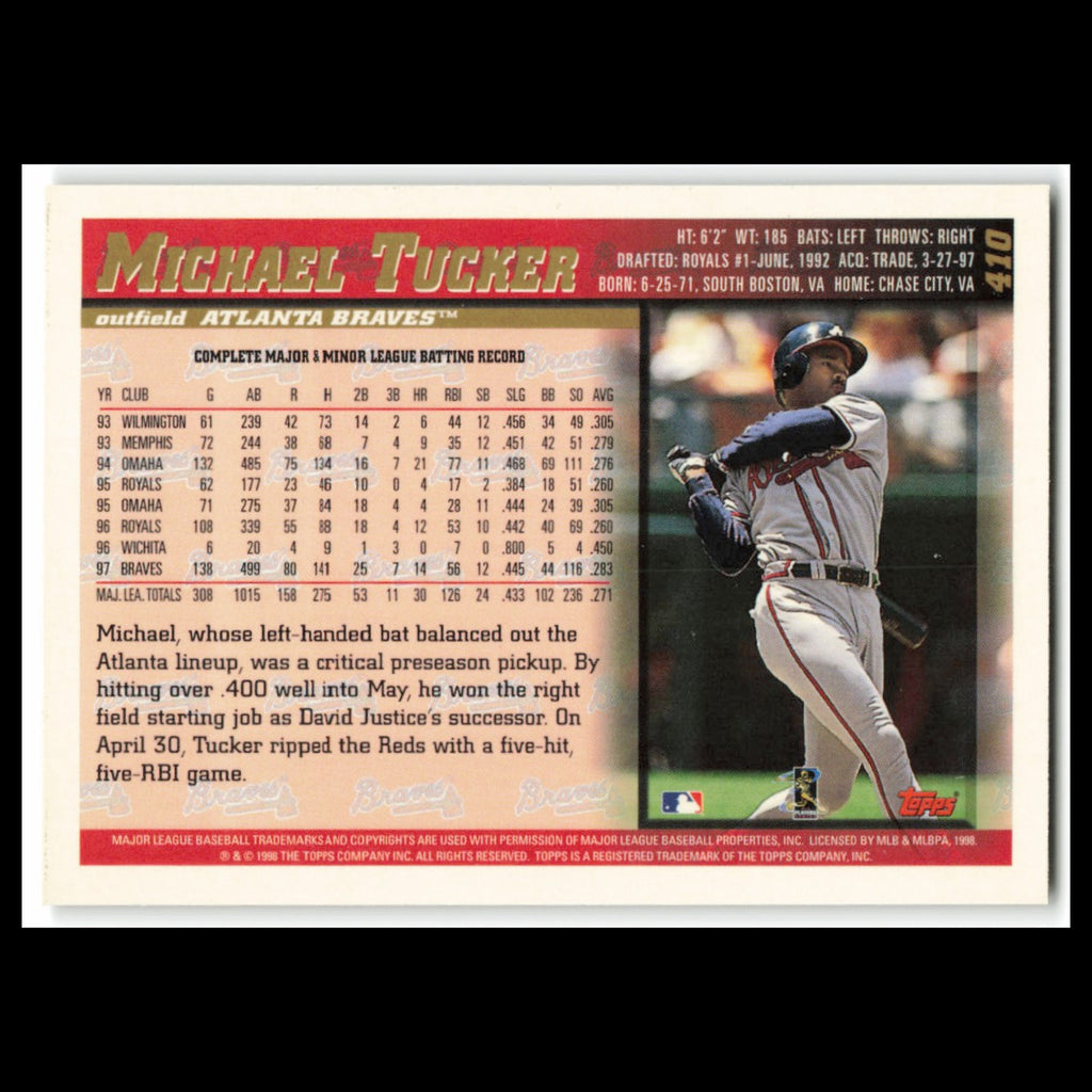 Michael Tucker #410 1998 Topps Atlanta Braves Baseball Card MLB NM