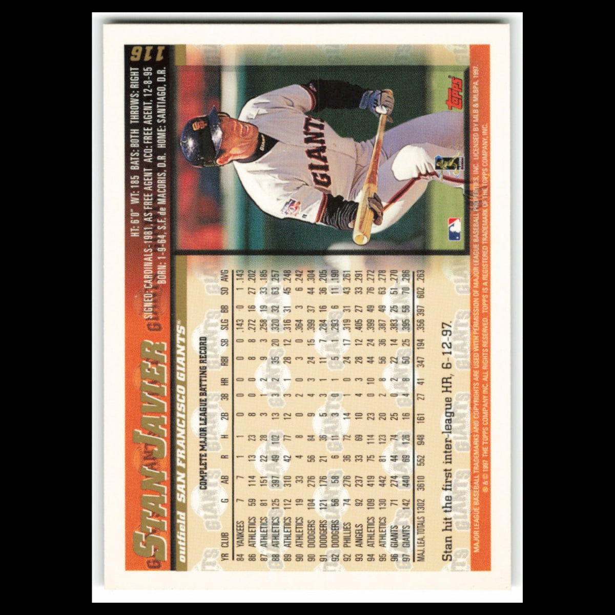 Stan Javier #116 1998 Topps San Francisco Giants Baseball Card MLB NM