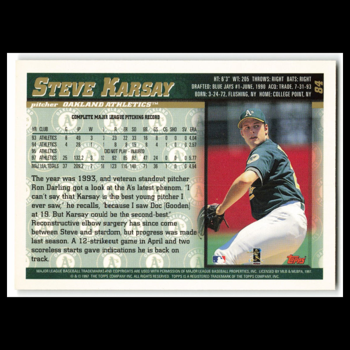 Steve Karsay #84 1998 Topps Oakland Athletics Baseball Card MLB NM