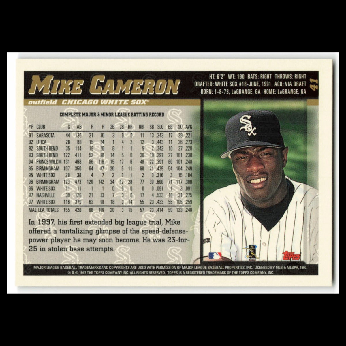 Mike Cameron #41 1998 Topps Chicago White Sox Baseball Card MLB NM