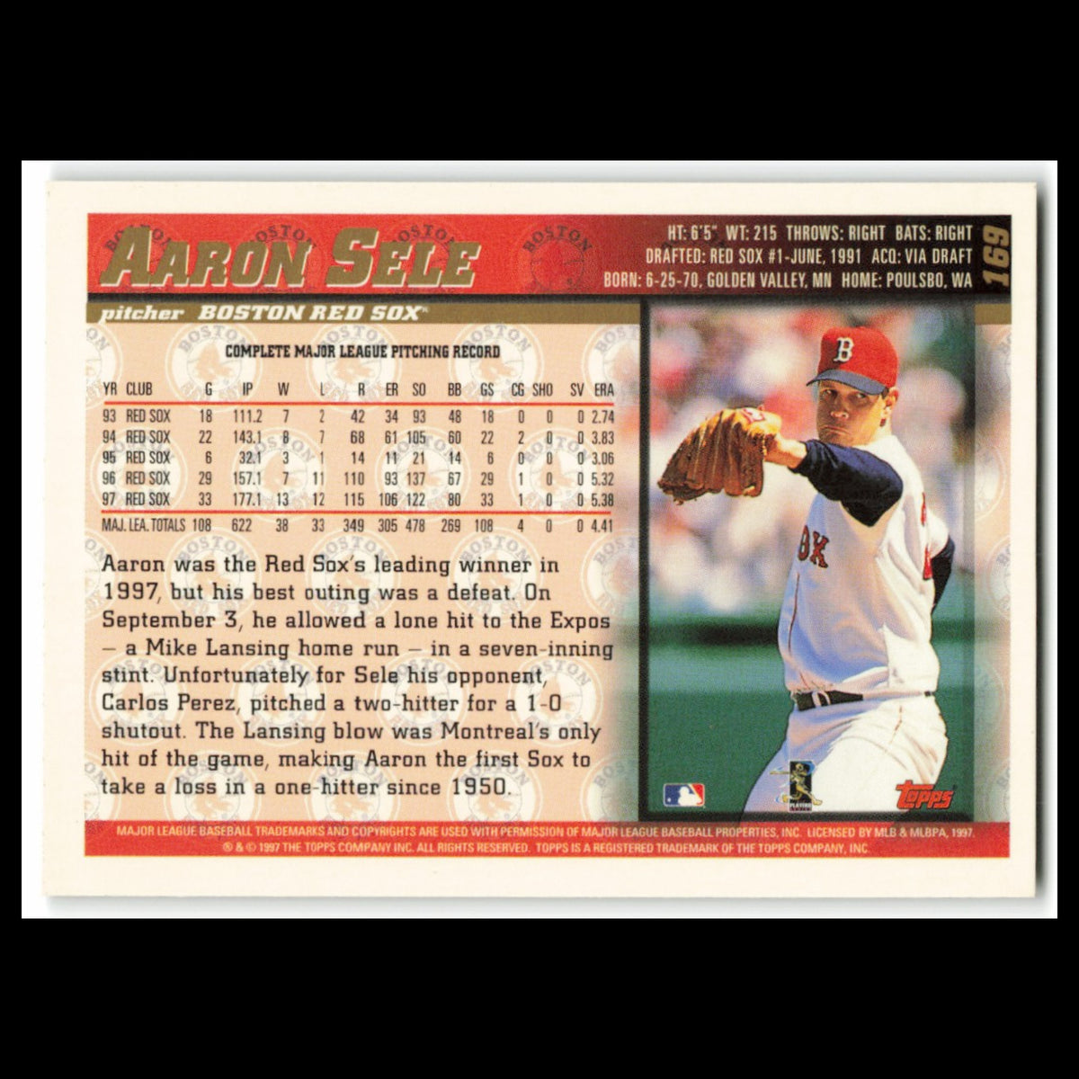 Aaron Sele #169 1998 Topps Boston Red Sox Baseball Card MLB NM