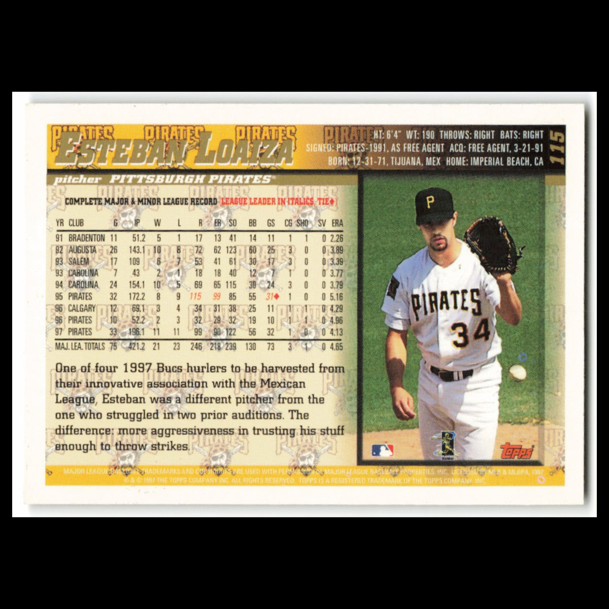 Esteban Loaiza #115 1998 Topps Pittsburgh Pirates Baseball Card MLB NM