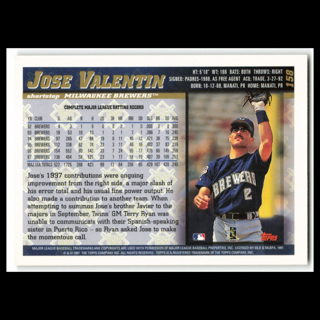 Jose Valentin #158 1998 Topps Milwaukee Brewers Baseball Card MLB NM
