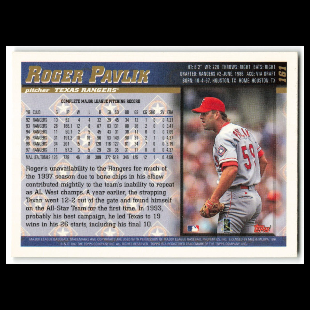Roger Pavlik #161 1998 Topps Texas Rangers Baseball Card MLB NM