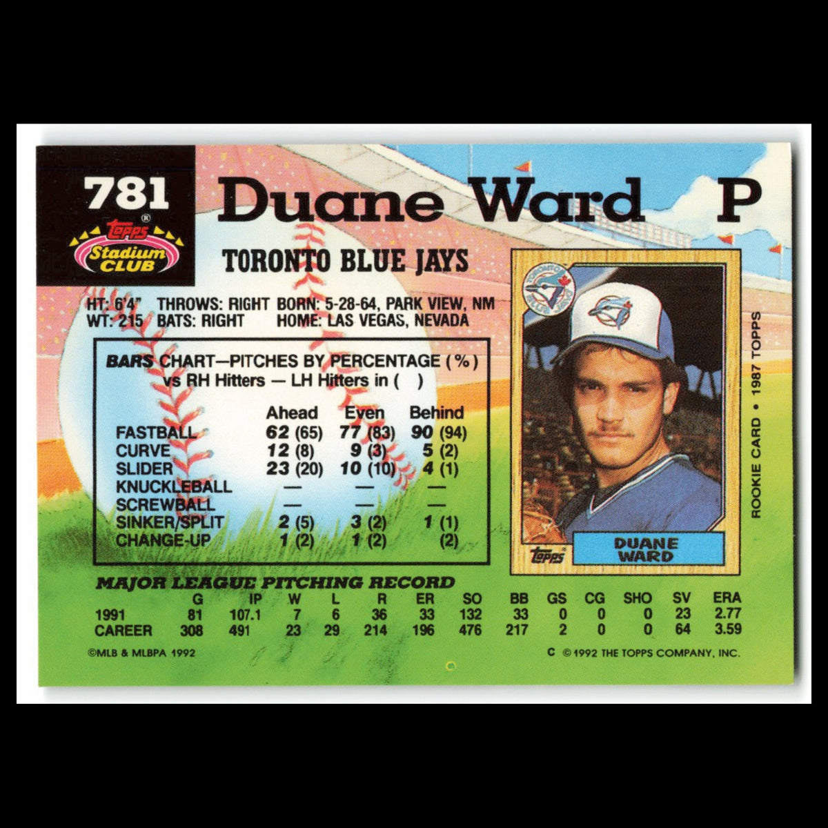 Duane Ward #781 1992 Topps Stadium Club Toronto Blue Jays Baseball Card MLB NM