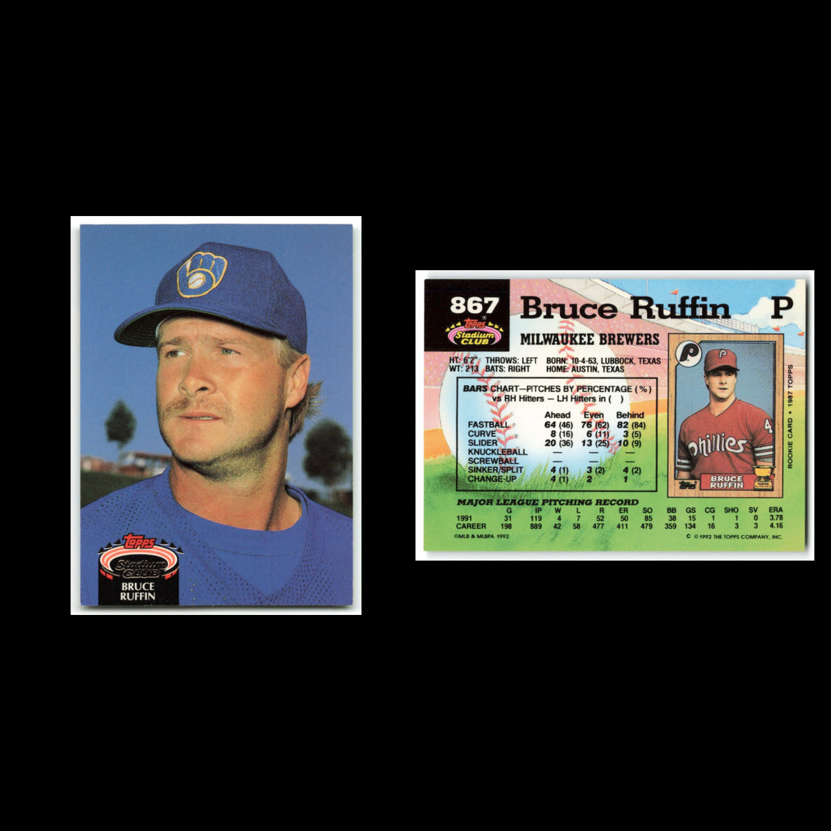 Bruce Ruffin #867 1992 Topps Stadium Club Milwaukee Brewers Baseball Card MLB NM
