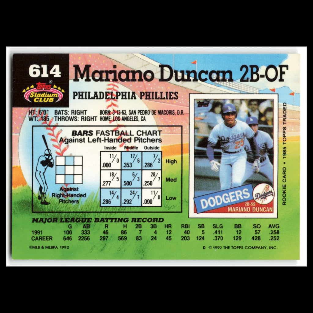 Mariano Duncan #614 1992 Topps Stadium Club Philadelphia Phillies Baseball Card