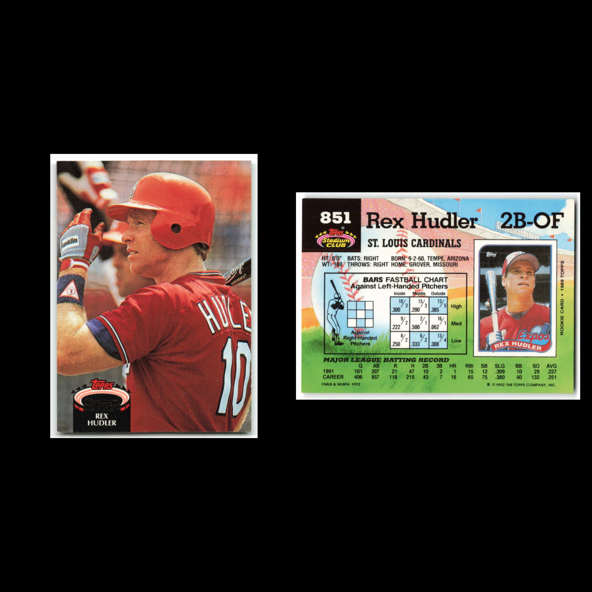 Rex Hudler #851 1992 Topps Stadium Club St. Louis Cardinals Baseball Card MLB NM
