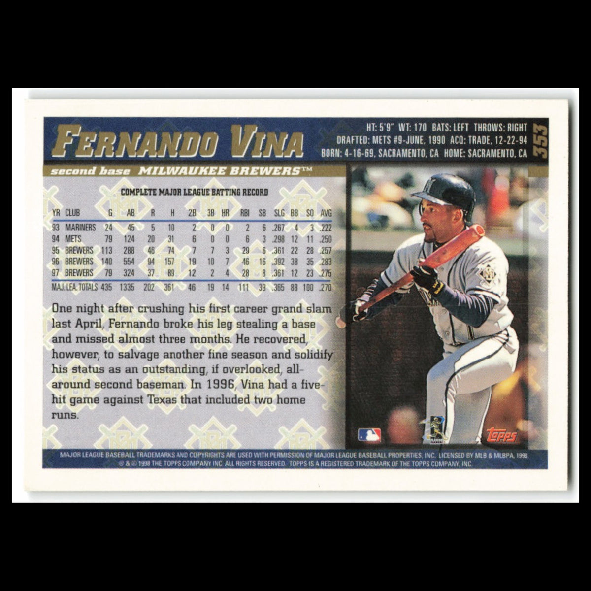 Fernando Vina #353 1998 Topps Milwaukee Brewers Baseball Card MLB NM