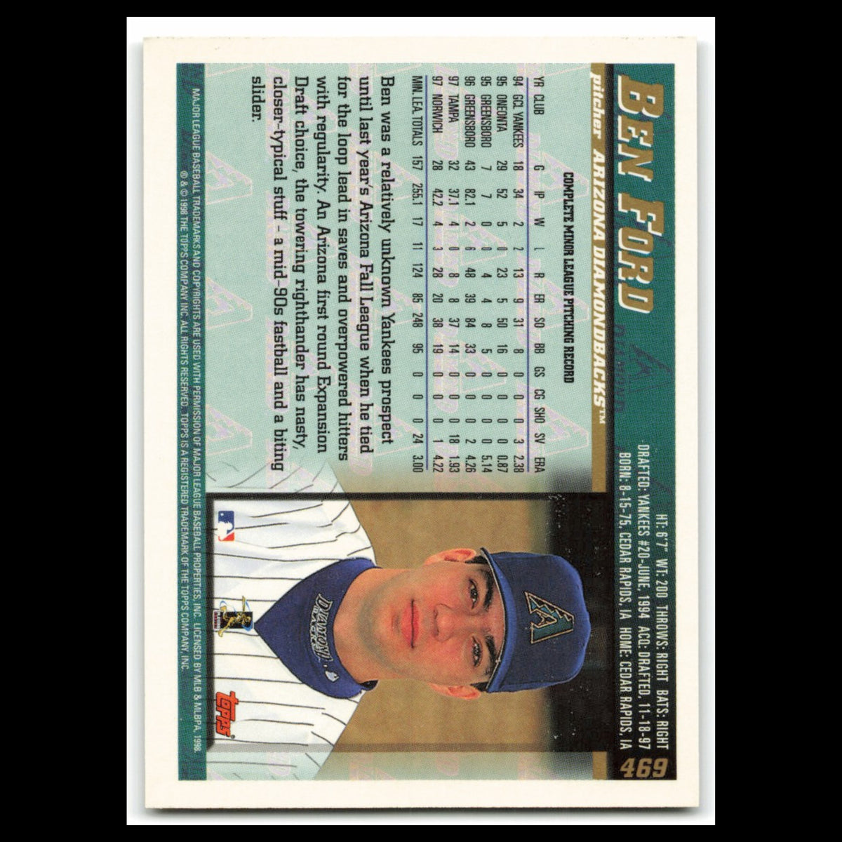 Ben Ford Rookie #469 1998 Topps Arizona Diamondbacks Baseball Card MLB NM