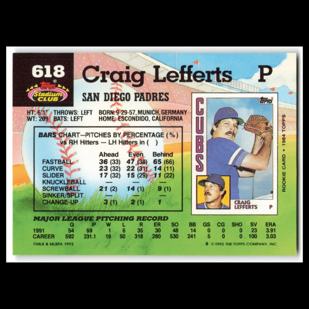 Craig Lefferts #618 1992 Topps Stadium Club San Diego Padres Baseball Card MLB