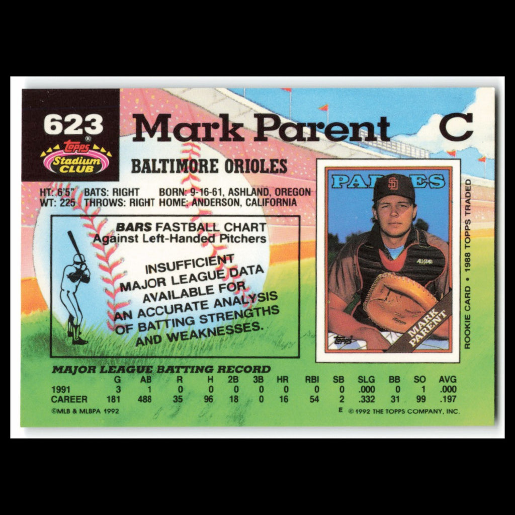 Mark Parent #623 1992 Topps Stadium Club Baltimore Orioles Baseball Card MLB NM