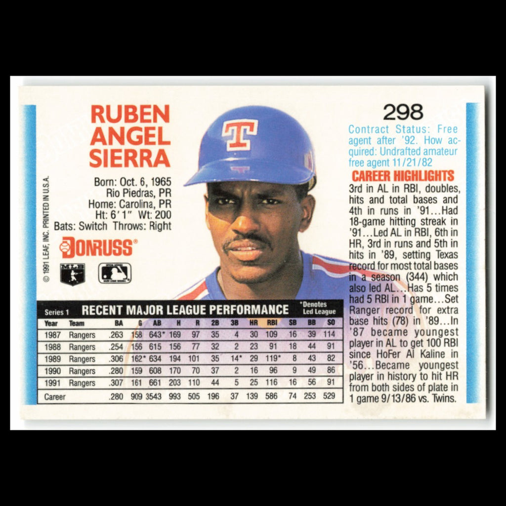 Ruben Sierra #298 1992 Donruss Texas Rangers Baseball Card MLB NM