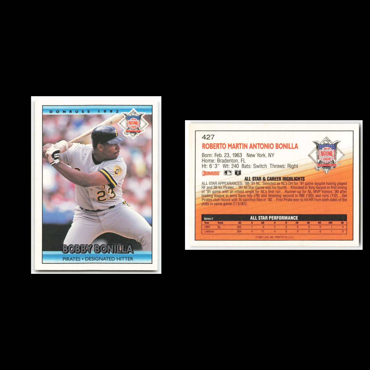 Bobby Bonilla #427 1992 Donruss Pittsburgh Pirates Baseball Card MLB NM
