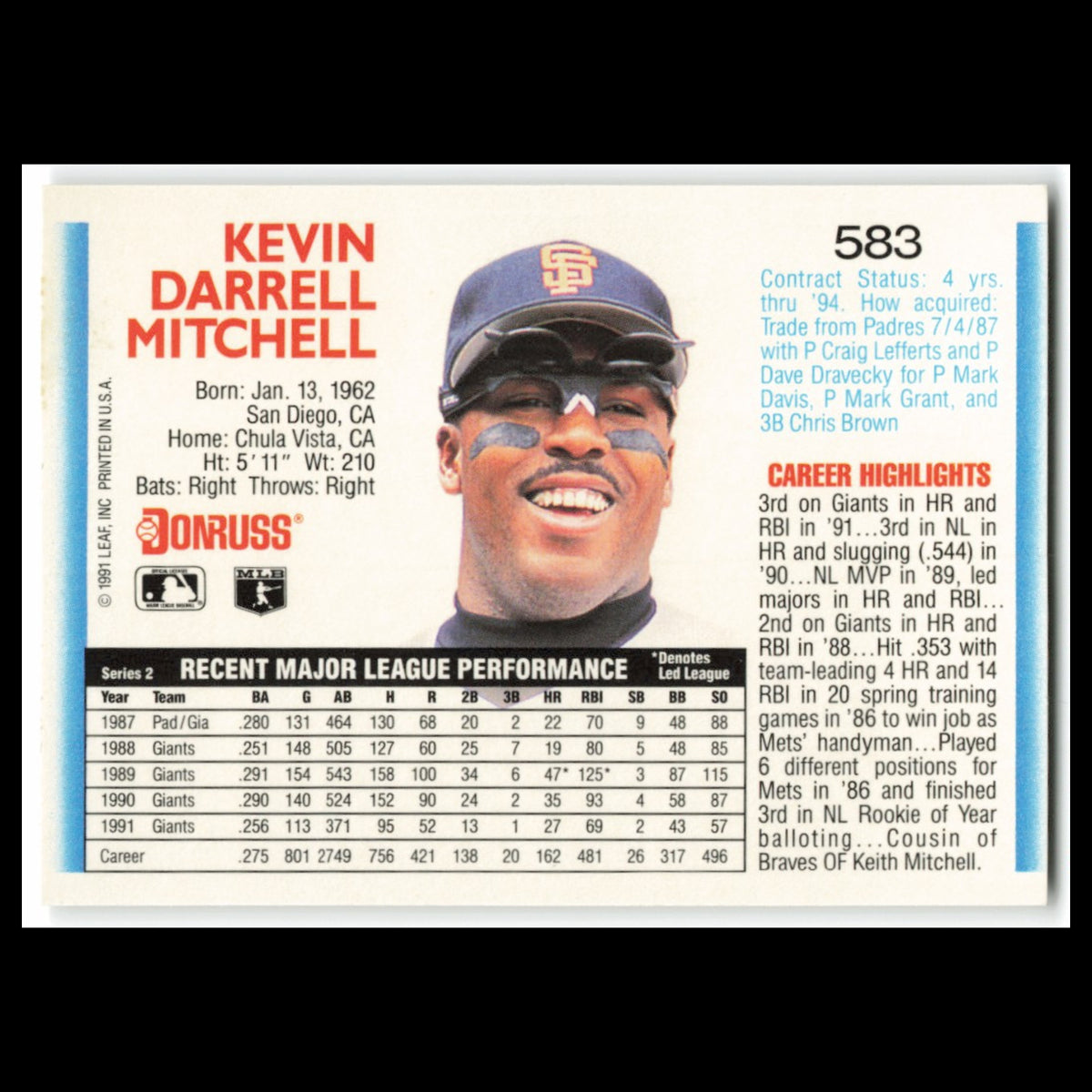 Kevin Mitchell #583 1992 Donruss San Francisco Giants Baseball Card MLB NM
