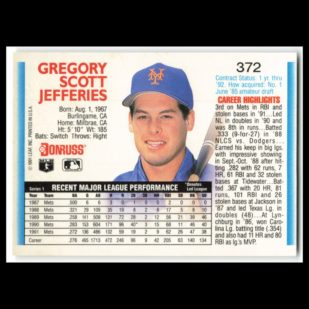 Gregg Jefferies #372 1992 Donruss New York Mets Baseball Card MLB NM