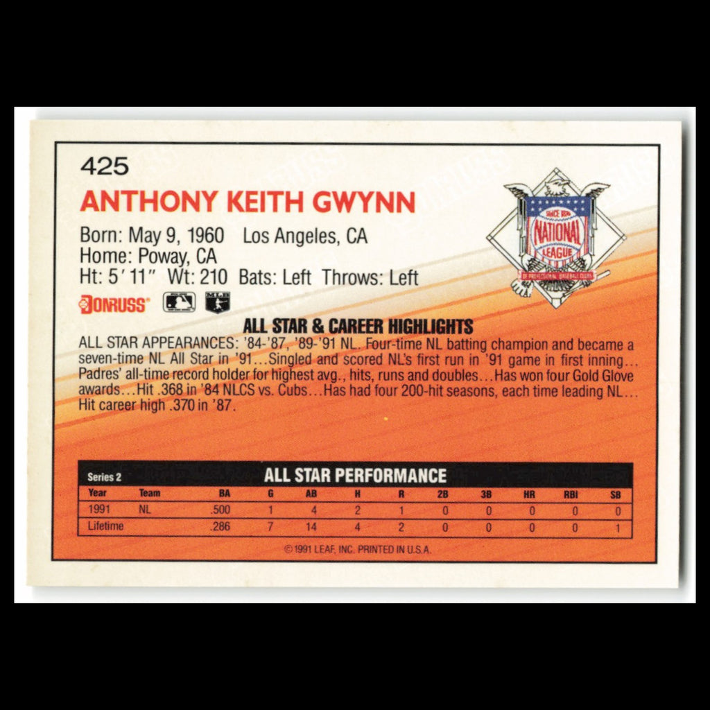 Tony Gwynn #425 1992 Donruss San Diego Padres Baseball Card MLB NM
