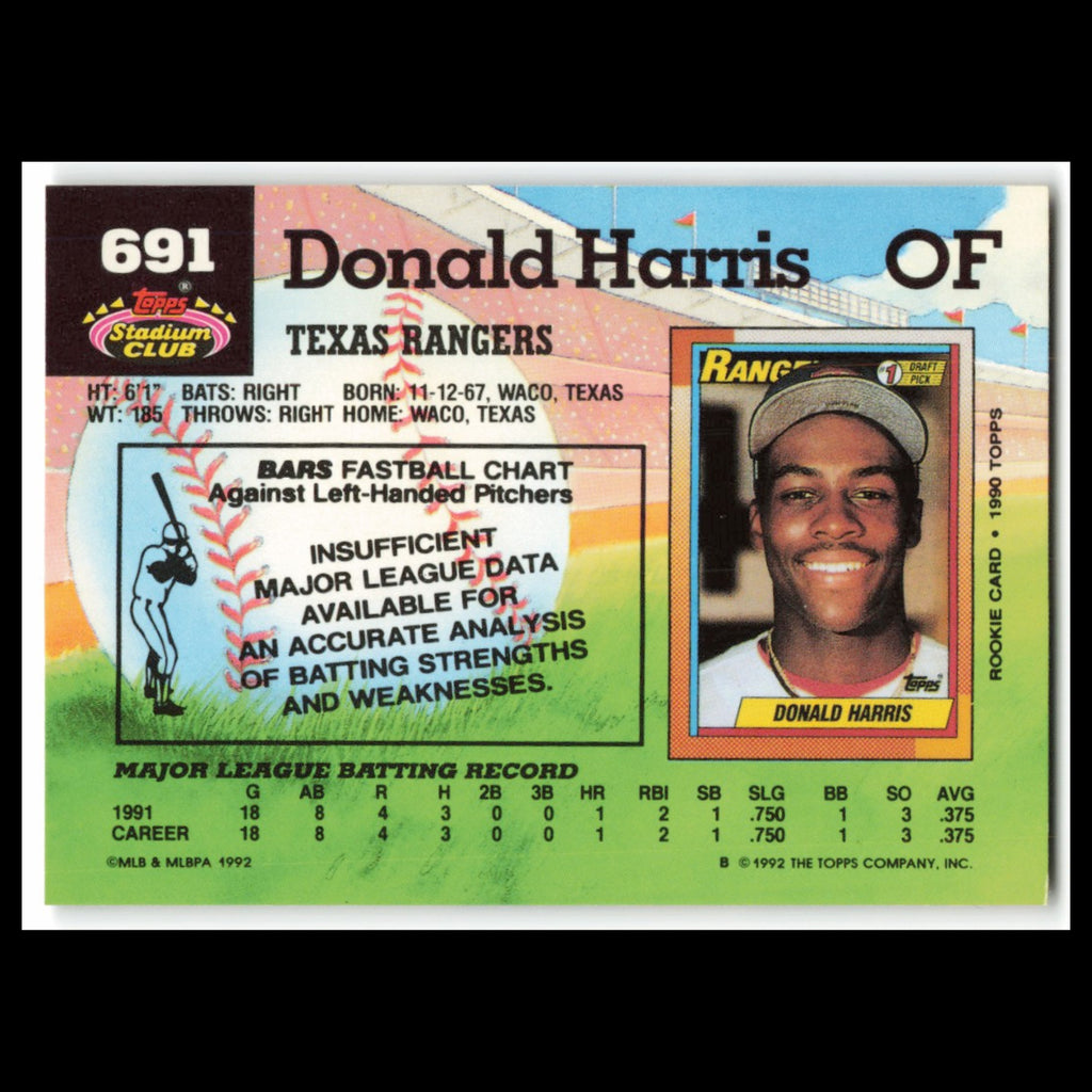 Donald Harris #691 1992 Topps Stadium Club Texas Rangers Baseball Card MLB NM